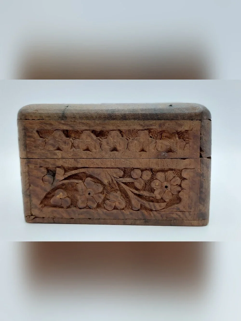 Vintage Hand Carved Wooden Trinket Jewelry Box Floral Folk Art Keepsake Storage